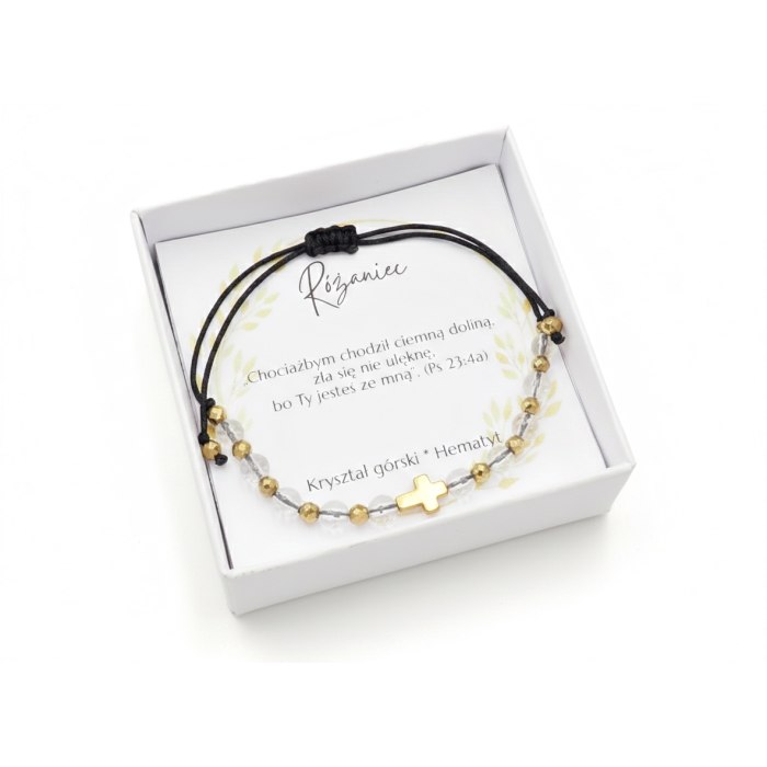 Bransoletka różaniec Kryształ górski hematyt ręcznie robiona, prezent na Komunię, Bierzmowanie