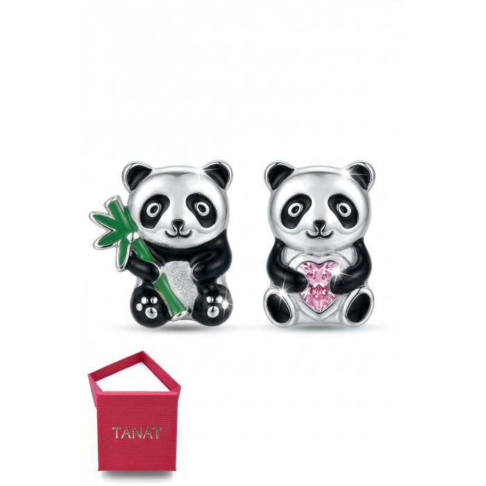 Srebrne dziecięce kolczyki panda pandusia bambus serce