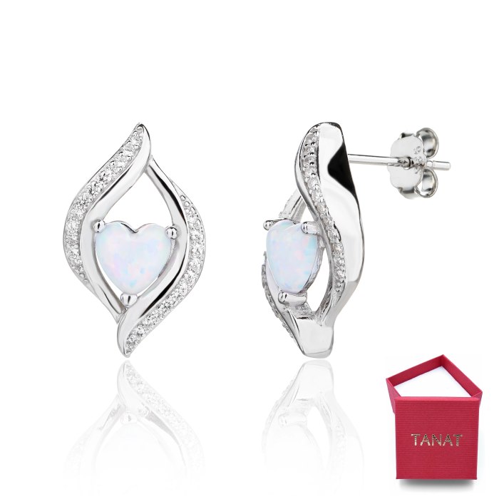 Srebrne 925 kolczyki wkręty opal serce