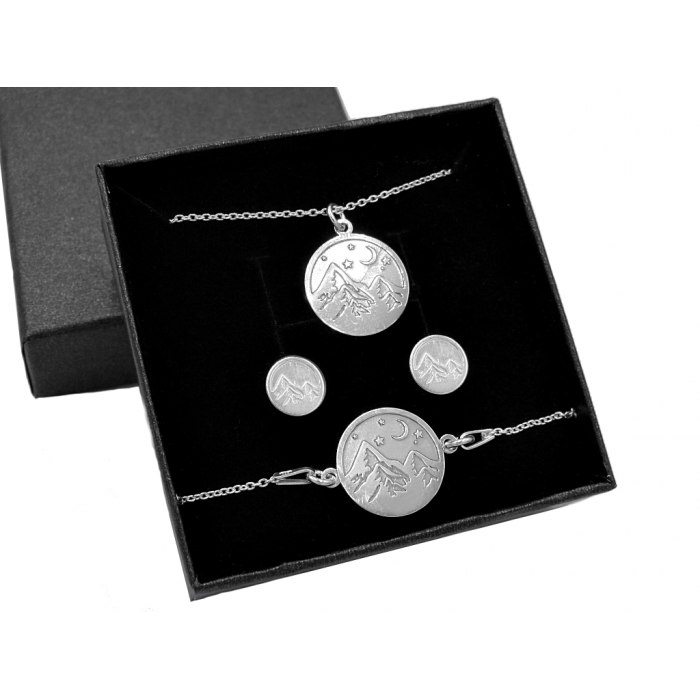 Srebrny 925 komplet zestaw biżuterii szczyt góry nocą na prezent