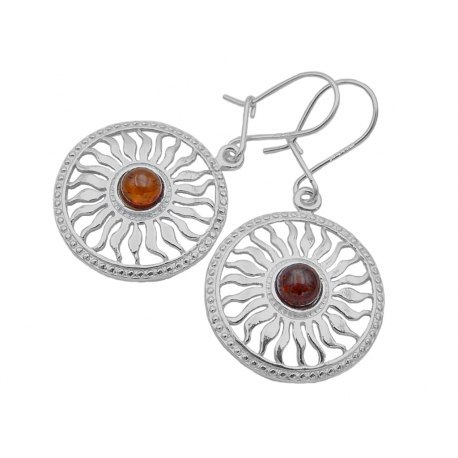 Srebrne kolczyki słońce z bursztynem