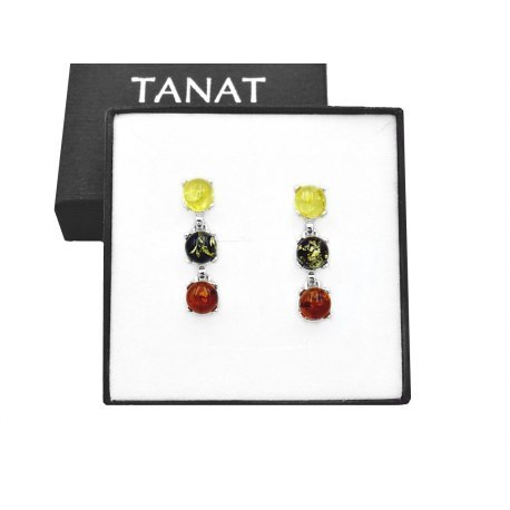 Długie srebrne kolczyki kolorowy bursztyn + pudełko