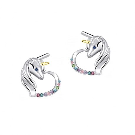 Srebrne kolczyki serca jednorożec złoty róg mix
