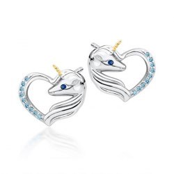Srebrne kolczyki serca aqua jednorożec złoty róg