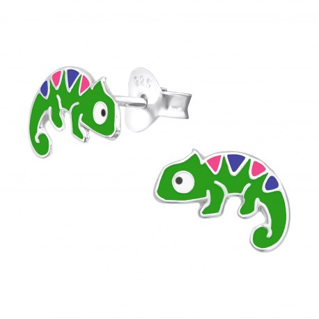 Srebrne emaliowane kolczyki kameleon